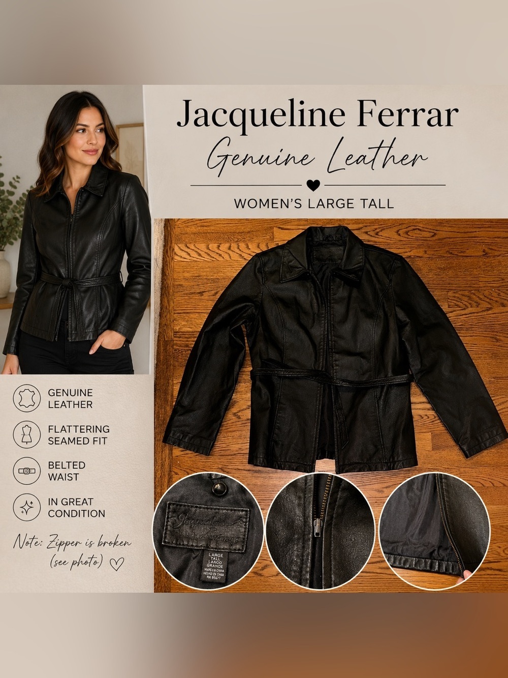 Jacqueline Ferrar Black Genuine Leather Jacket Women’s Large Belted Zip Front